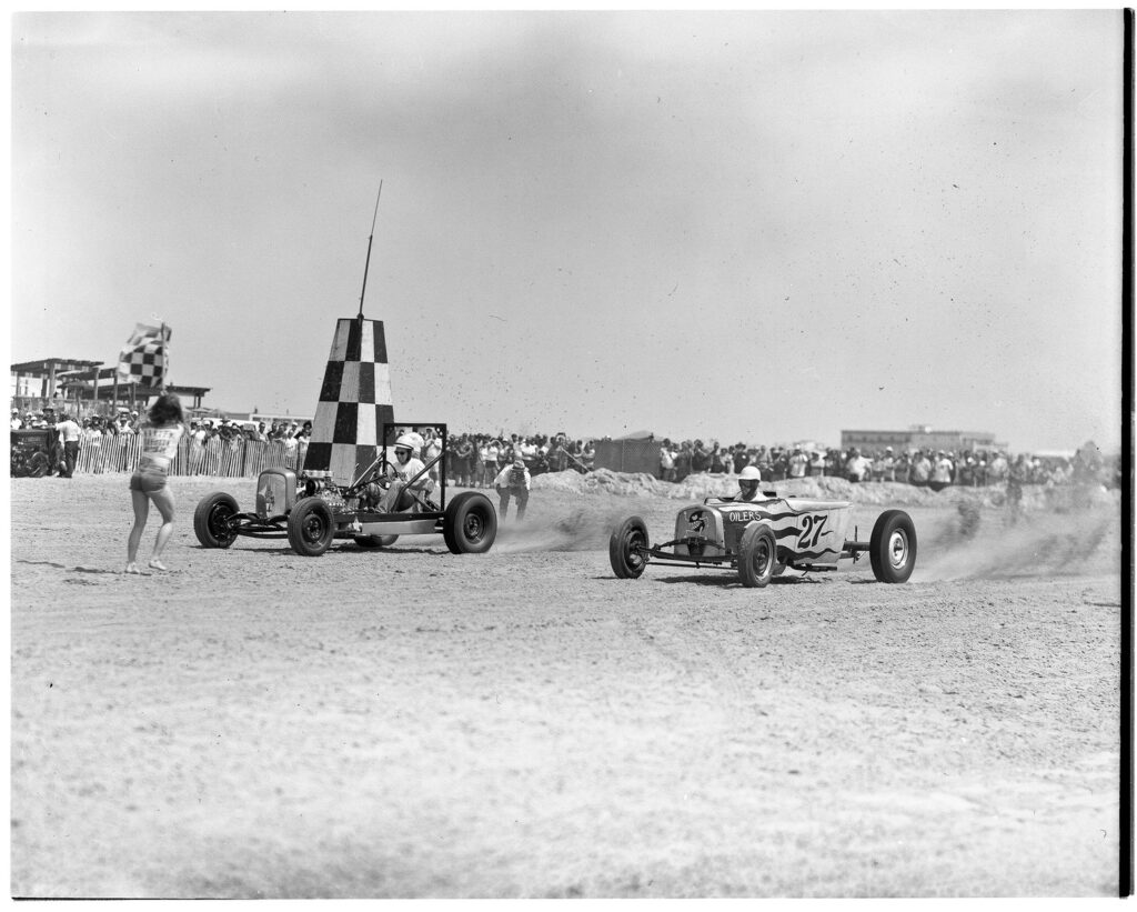 Classic cars racing on the beach in Wildwood, New Jersey. 